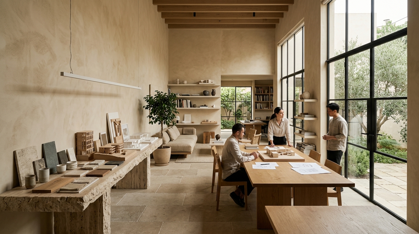 Tanasuq design studio atelier with warm natural plaster, travertine stone tables and architectural models