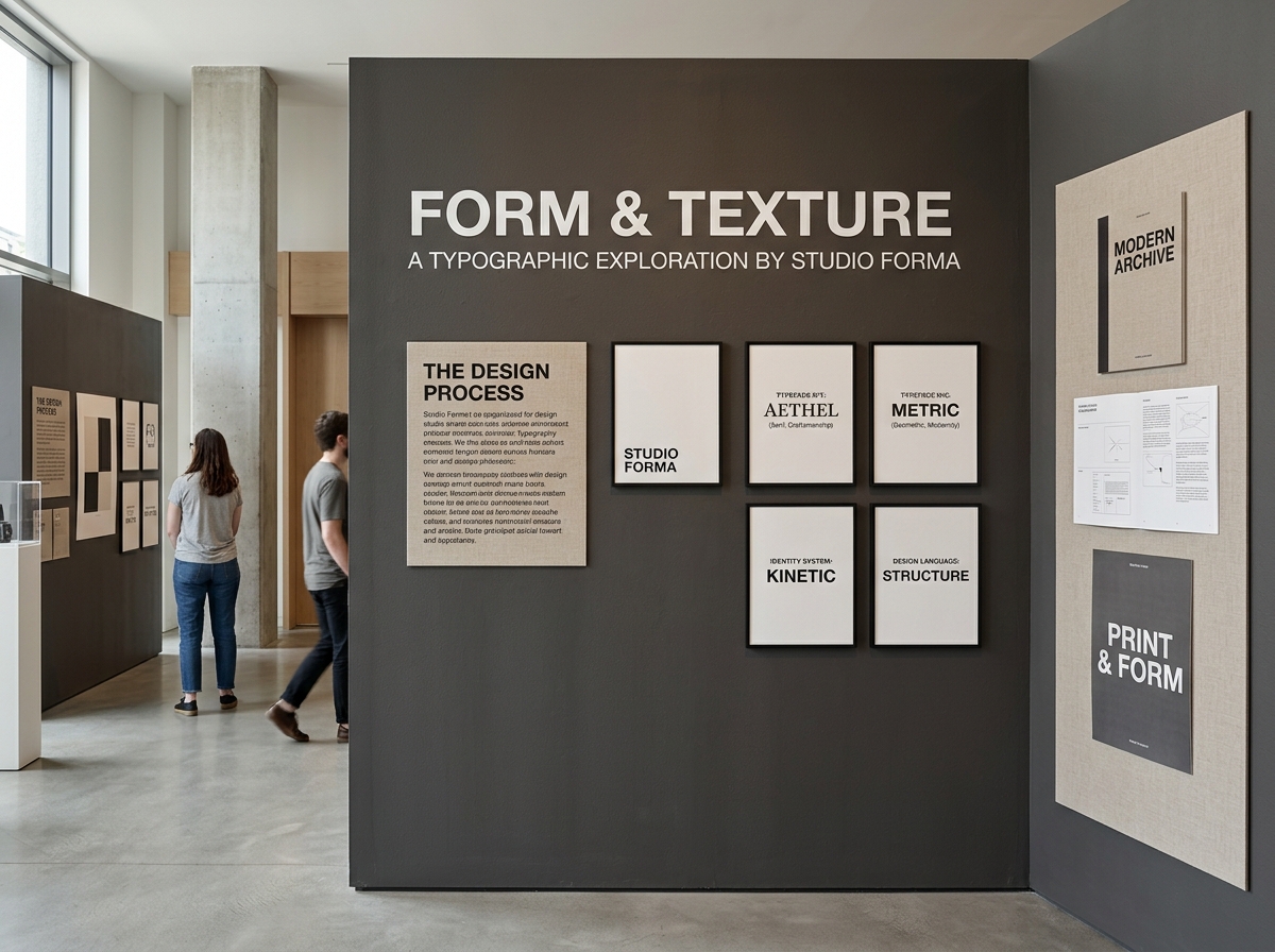 Sleek contemporary design studio exhibition layout on minimalist matte display