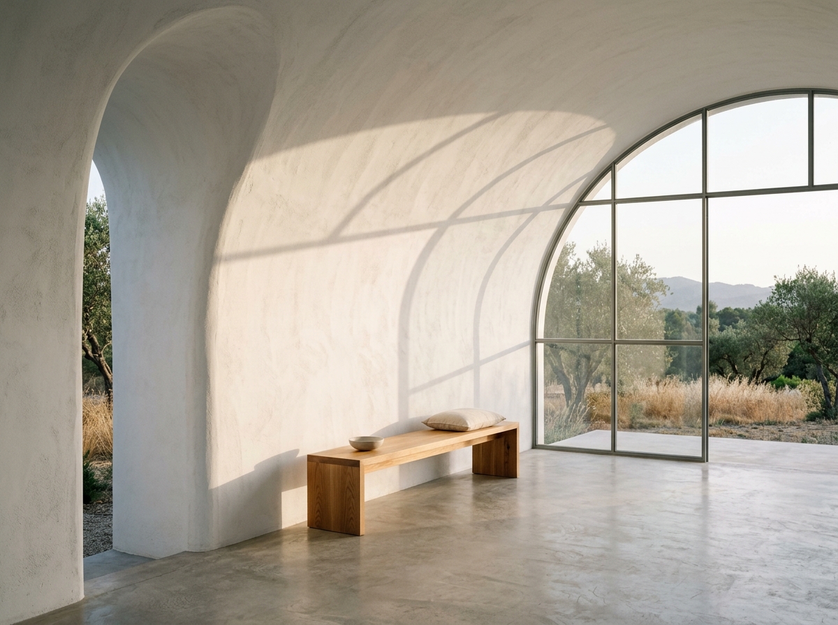 Minimalist architectural pavilion interior with curved textured plaster walls